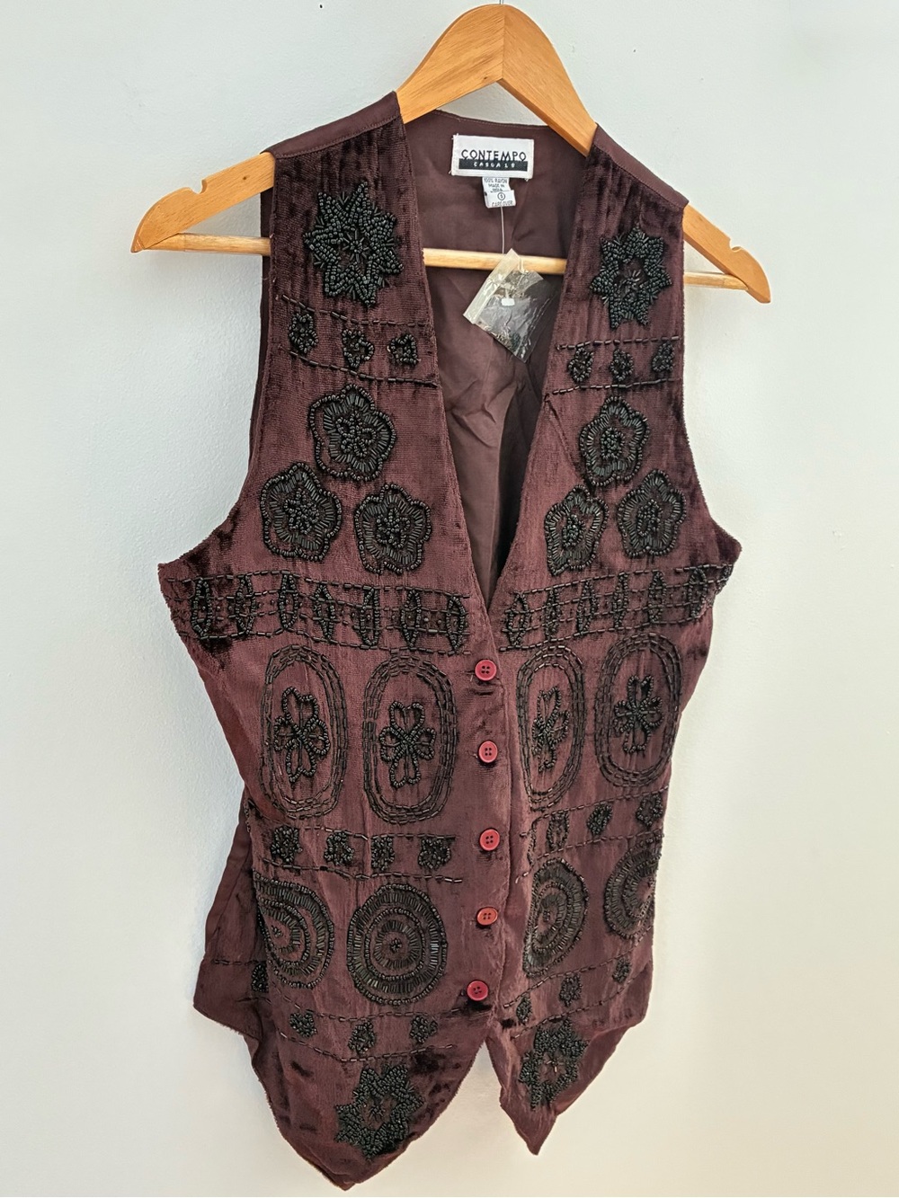 Dark Brown Embroidered Beaded Vest Vintage Contempo Casuals